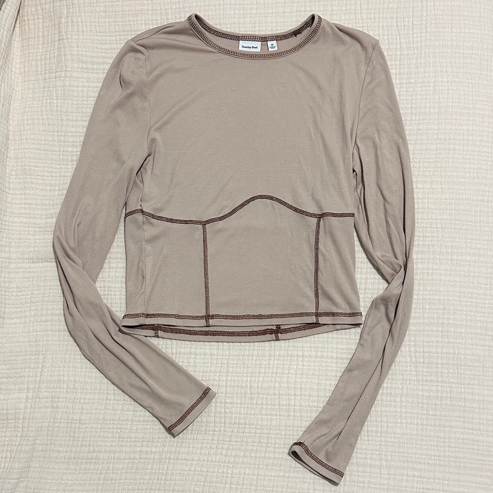 Aritzia/Sunday Best Brown Stitched Longsleeve Tee